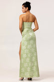 Sage Green Sheath Strapless Ruched Floral Jacquard Long Bridesmaid Dress with Side Slit