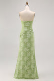 Sage Green Sheath Strapless Ruched Floral Jacquard Long Bridesmaid Dress with Side Slit
