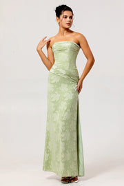Sage Green Sheath Strapless Ruched Floral Jacquard Long Bridesmaid Dress with Side Slit