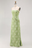 Sage Green Sheath Strapless Ruched Maxi Bridesmaid Dress with Side Slit