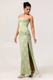 Sage Green Sheath Strapless Ruched Floral Jacquard Long Bridesmaid Dress with Side Slit