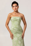 Sage Green Sheath Strapless Ruched Floral Jacquard Long Bridesmaid Dress with Side Slit