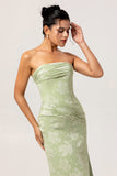 Sage Green Sheath Strapless Ruched Floral Jacquard Long Bridesmaid Dress with Side Slit