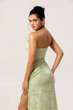 Sage Green Sheath Strapless Ruched Floral Jacquard Long Bridesmaid Dress with Side Slit