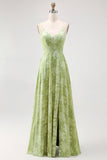 Sage Green Floral A-Line Jacquard Spaghetti Strap Maxi Dress with Slit