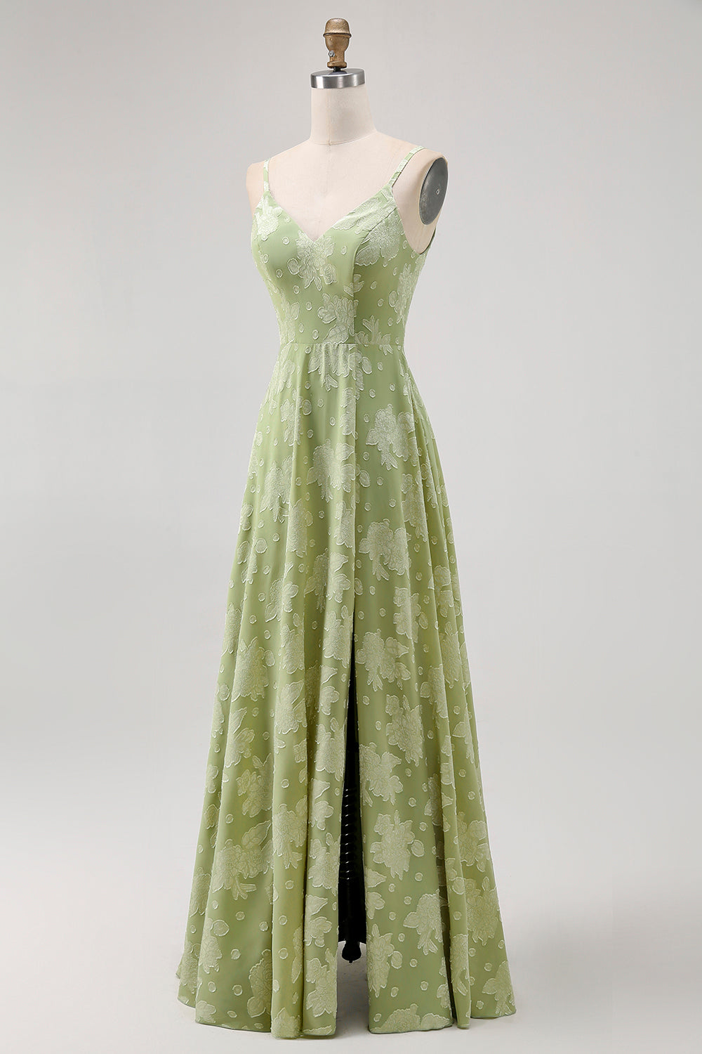 WEDTREND Women Sage Green Bridesmaid Dress with Slit Spaghetti Straps Floral A Line Long Wedding Guest Dress, Sage Green / US16W