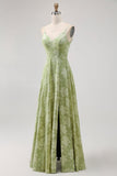 Sage Green Floral A-Line Jacquard Spaghetti Strap Maxi Dress with Slit
