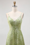 Sage Green Floral A-Line Jacquard Spaghetti Strap Maxi Dress with Slit