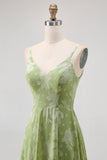 Sage Green Floral A-Line Jacquard Spaghetti Strap Maxi Dress with Slit