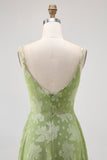 Sage Green Floral A-Line Jacquard Spaghetti Strap Maxi Dress with Slit