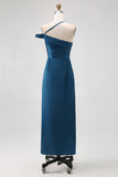 Simple Ink Blue Sheath One Shoulder Satin Wedding Guest Dress