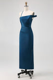 Simple Ink Blue Sheath One Shoulder Satin Wedding Guest Dress