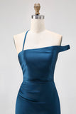 Simple Ink Blue Sheath One Shoulder Satin Wedding Guest Dress