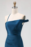 Simple Ink Blue Sheath One Shoulder Satin Wedding Guest Dress
