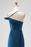Simple Ink Blue Sheath One Shoulder Satin Wedding Guest Dress