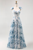 Blue A-Line Lace-Up Back Floor Length Floral Chiffon Dress with Shoulder Bows