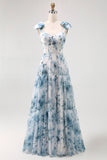 A-Line Bow Strap Maxi Chiffon Long Blue Watercolor Floral Bridesmaid Dress with Lace Up Back