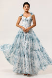 Blue A-Line Lace-Up Back Floor Length Floral Chiffon Dress with Shoulder Bows