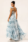 Blue A-Line Lace-Up Back Floor Length Floral Chiffon Dress with Shoulder Bows
