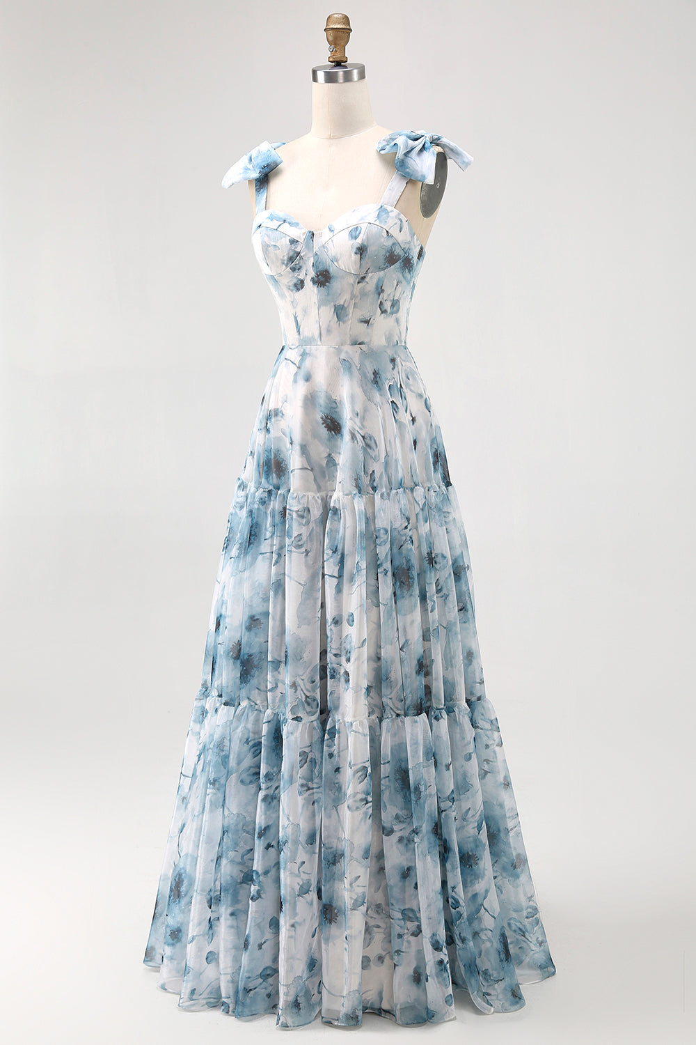 light blue floral bridesmaid dresses WEDTREND Women Blue Watercolor Floral Bridesmaid Dress with Lace Up Back A-Line Bow Strap Maxi Chiffon Long Wedding Guest Dress