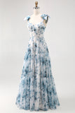 A-Line Bow Strap Maxi Chiffon Long Blue Watercolor Floral Bridesmaid Dress with Lace Up Back