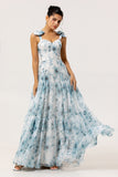 A-Line Bow Strap Maxi Chiffon Long Blue Watercolor Floral Bridesmaid Dress with Lace Up Back