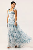 Blue A-Line Lace-Up Back Floor Length Floral Chiffon Dress with Shoulder Bows