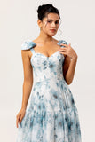 Blue A-Line Lace-Up Back Floor Length Floral Chiffon Dress with Shoulder Bows