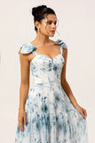 Blue A-Line Lace-Up Back Floor Length Floral Chiffon Dress with Shoulder Bows