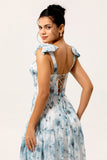 Blue A-Line Lace-Up Back Floor Length Floral Chiffon Dress with Shoulder Bows