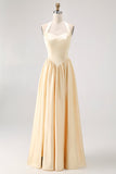 Daffodil Halter A Line Satin Long Bridesmaid Dress with Lace Up Back