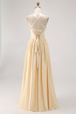 Daffodil Halter A Line Satin Long Bridesmaid Dress with Lace Up Back