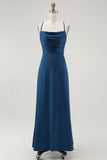 Dark Blue A Line Spaghetti Straps Long Bridesmaid Dress with Lace Up Back