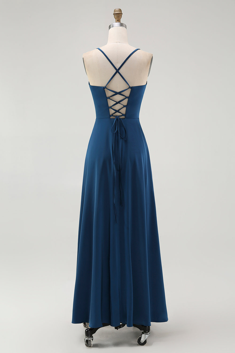 WEDTREND Women Dark Blue Bridesmaid Dress with Lace Up Back Spaghetti Straps A Line Long Wedding Guest Dress WEDTREND Women Dark Blue Bridesmaid Dress with Lace Up Back Spaghetti Straps A Line Long Wedding Guest Dress