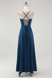 Dark Blue A Line Spaghetti Straps Long Bridesmaid Dress with Lace Up Back