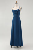 Dark Blue A Line Spaghetti Straps Long Bridesmaid Dress with Lace Up Back