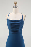 Dark Blue A Line Spaghetti Straps Long Bridesmaid Dress with Lace Up Back