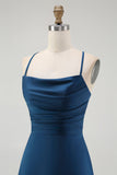 Dark Blue A Line Spaghetti Straps Long Bridesmaid Dress with Lace Up Back