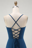 Dark Blue A Line Spaghetti Straps Long Bridesmaid Dress with Lace Up Back