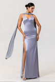 Dusty Blue Sheath Backless Streamer Long Bridesmaid Dress with Slit