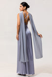 Dusty Blue Sheath Backless Streamer Long Bridesmaid Dress with Slit