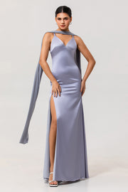Dusty Blue Sheath Backless Streamer Long Bridesmaid Dress with Slit