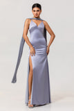 Dusty Blue Sheath Backless Streamer Long Bridesmaid Dress with Slit