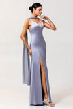 Dusty Blue Sheath Backless Streamer Long Bridesmaid Dress with Slit