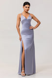 Dusty Blue Sheath Backless Streamer Long Bridesmaid Dress with Slit