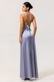Dusty Blue Sheath Backless Streamer Long Bridesmaid Dress with Slit