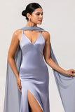 Dusty Blue Sheath Backless Streamer Long Bridesmaid Dress with Slit
