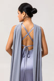 Dusty Blue Sheath Backless Streamer Long Bridesmaid Dress with Slit