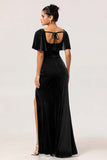 Peacock Green Sheath Square Neck Backless Velvet Long Bridesmaid Dress with Slit