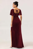 Peacock Green Sheath Square Neck Backless Velvet Long Bridesmaid Dress with Slit